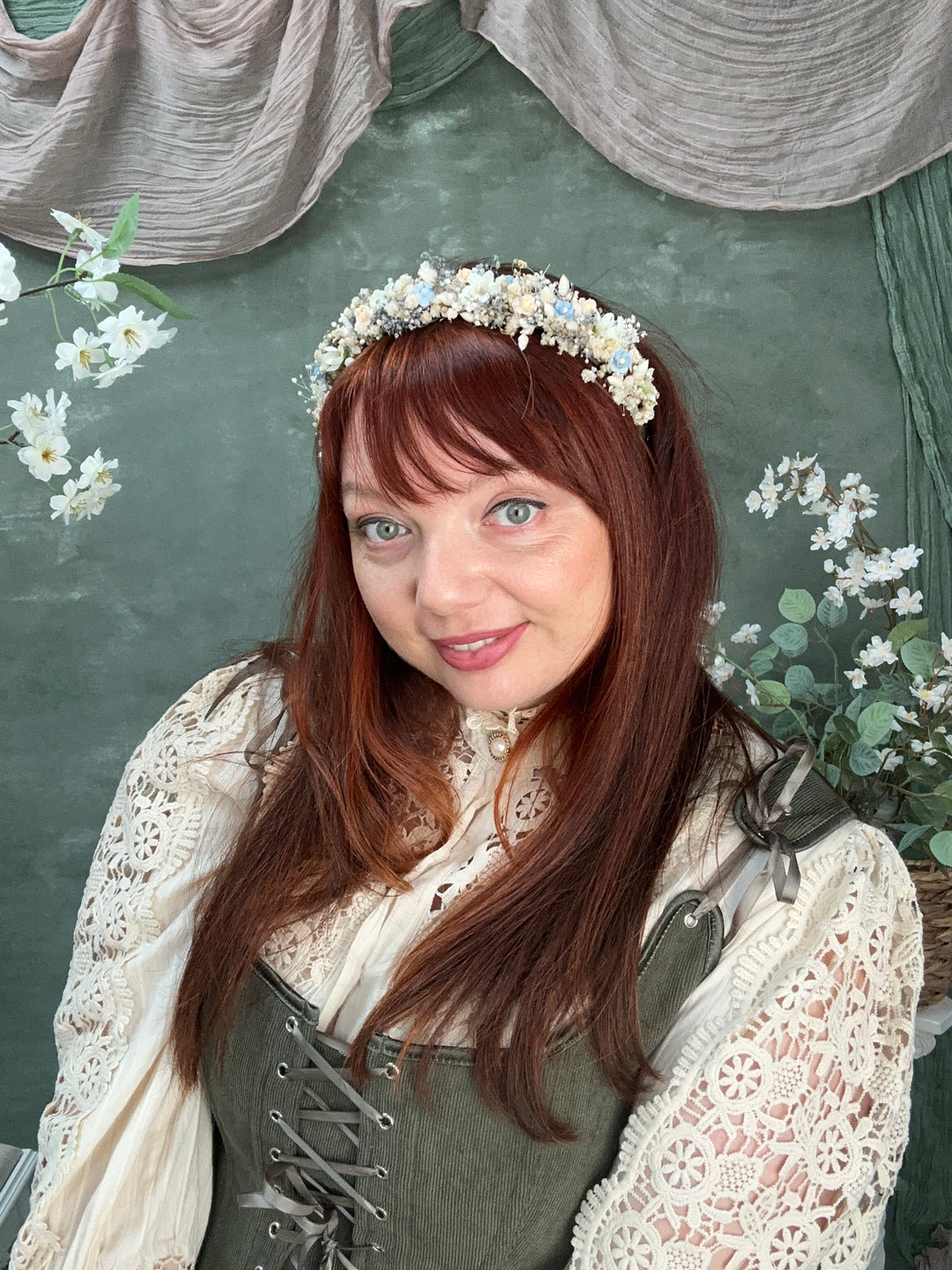 Floral Headband with Forget-Me-Nots and Gypsophila | Baby Blue, Peach and Ivory