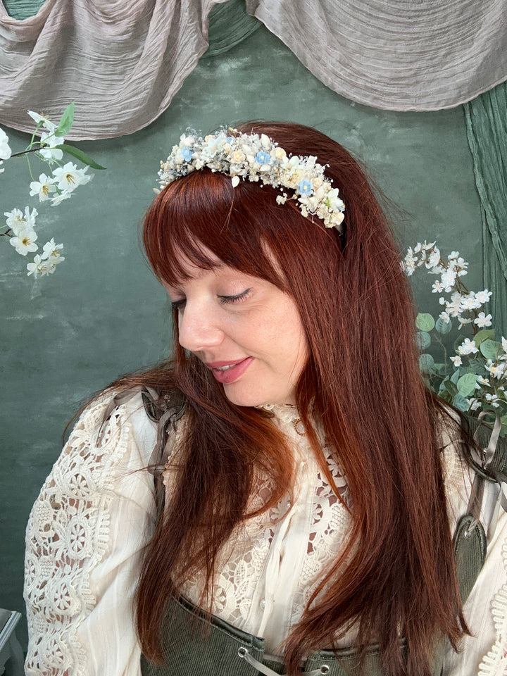 Floral Headband with Forget-Me-Nots and Gypsophila | Baby Blue, Peach and Ivory