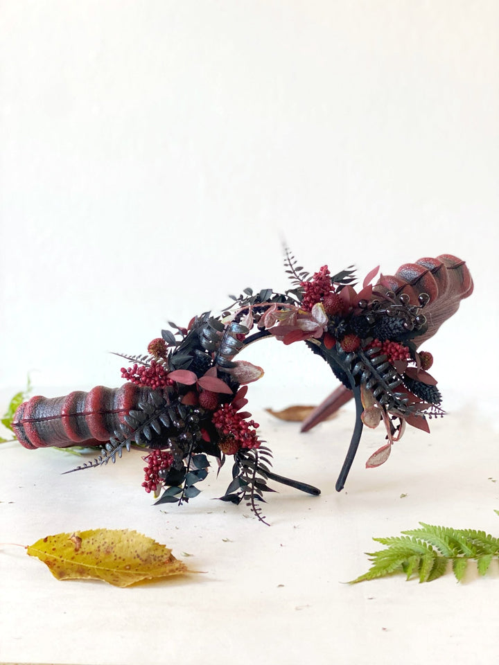 Burgundy and black crown with big horns: Halloween headpiece – handmade floral hair accessory by magaela
