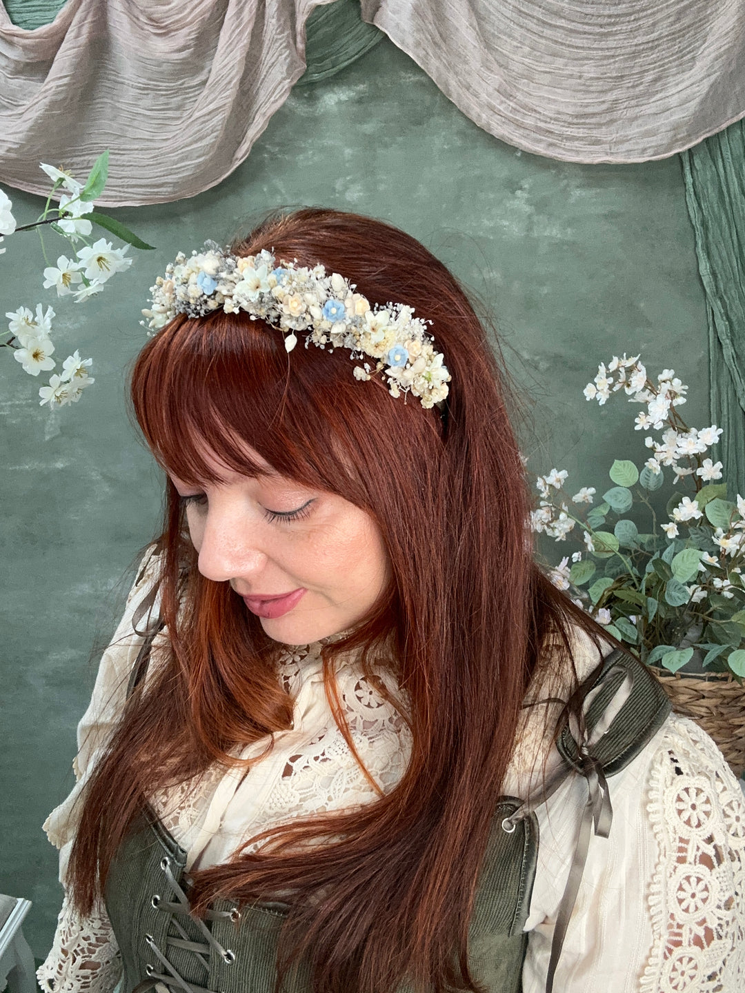 Floral Headband with Forget-Me-Nots and Gypsophila | Baby Blue, Peach and Ivory