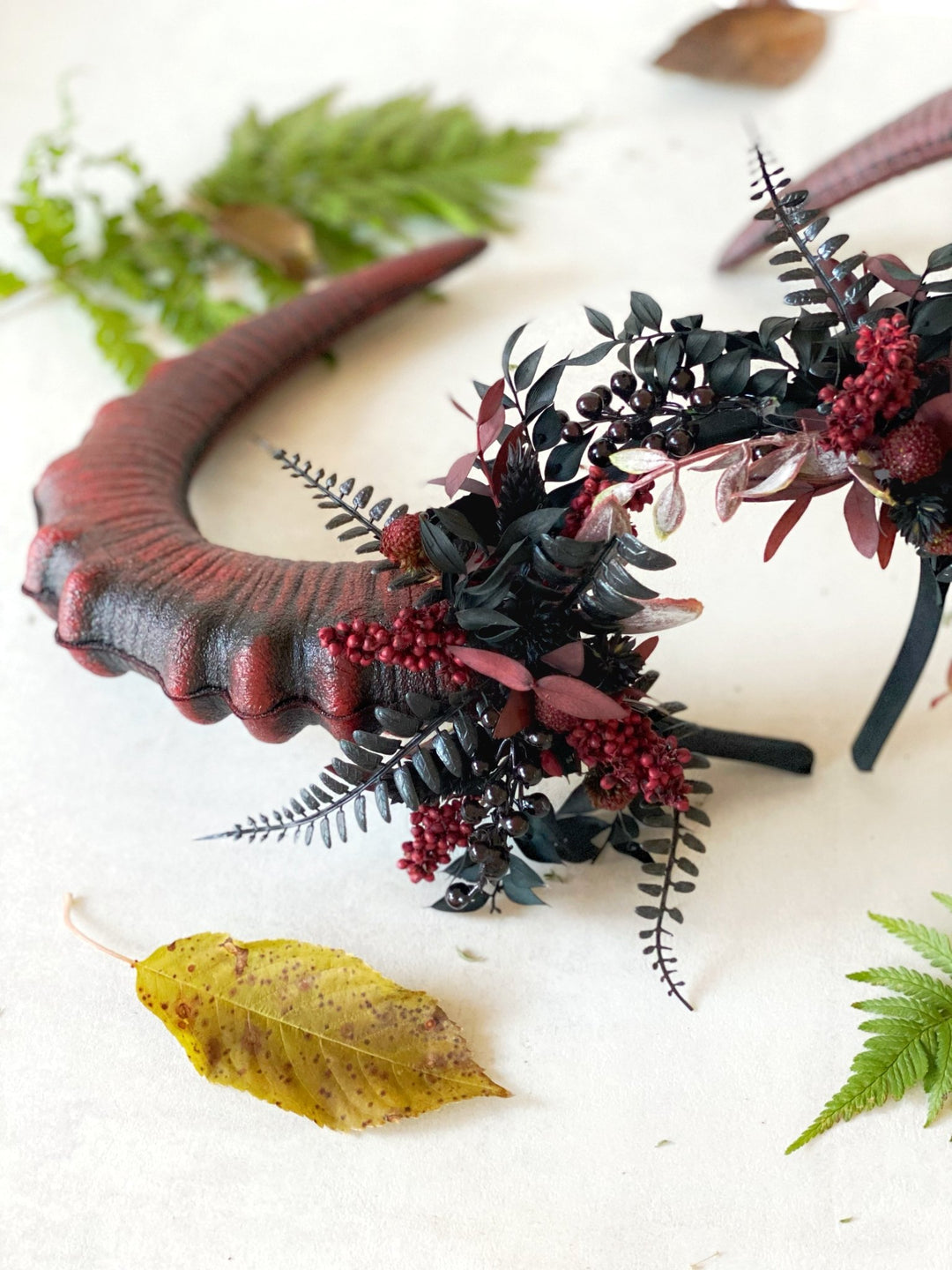Burgundy and black crown with big horns: Halloween headpiece – handmade floral hair accessory by magaela