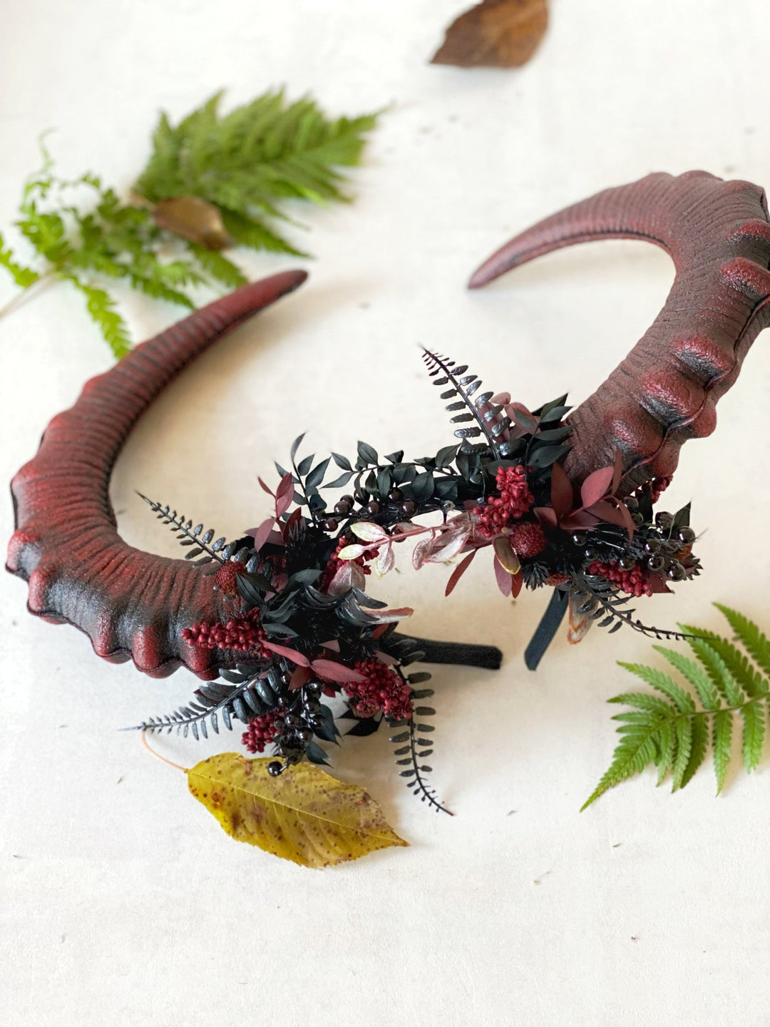 Burgundy and black crown with big horns: Halloween headpiece – handmade floral hair accessory by magaela