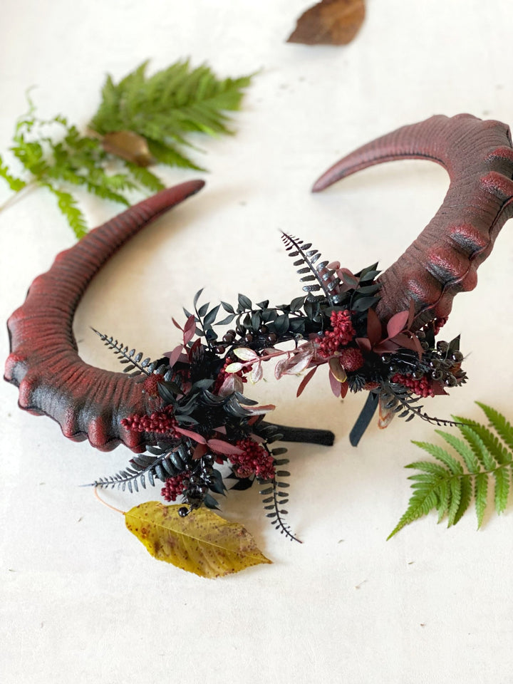 Burgundy and black crown with big horns: Halloween headpiece – handmade floral hair accessory by magaela