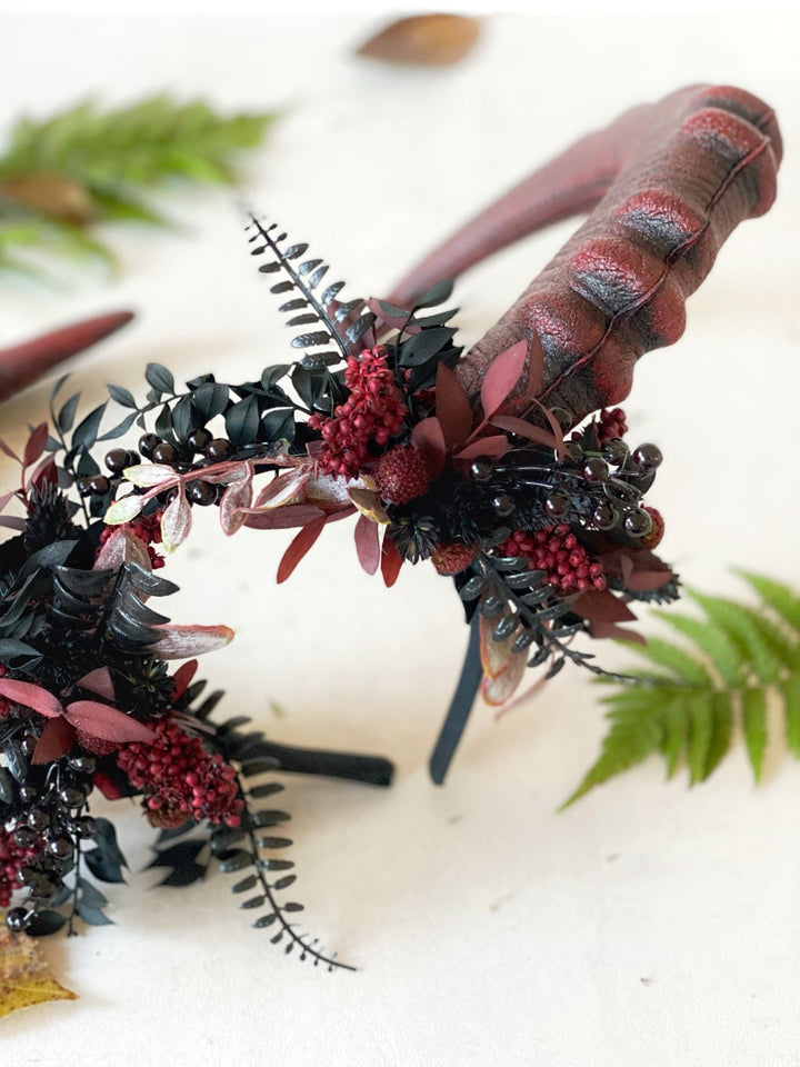 Burgundy and black crown with big horns: Halloween headpiece – handmade floral hair accessory by magaela