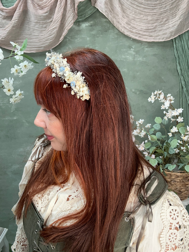 Floral Headband with Forget-Me-Nots and Gypsophila | Baby Blue, Peach and Ivory