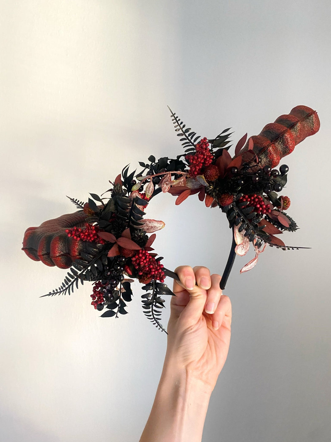 Burgundy and black crown with big horns: Halloween headpiece – handmade floral hair accessory by magaela