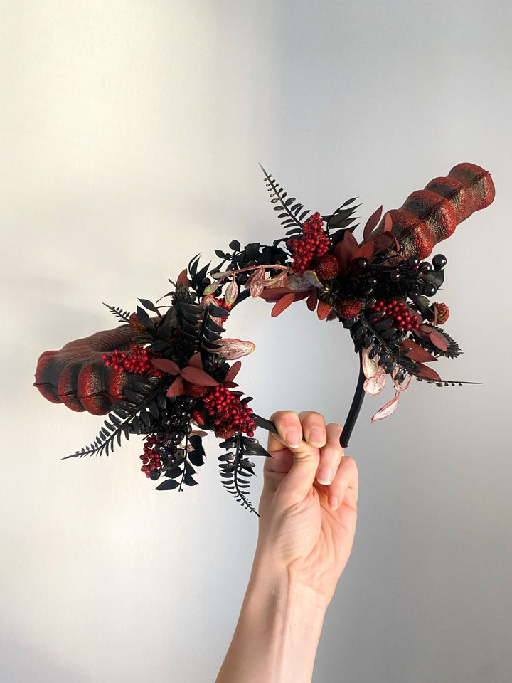 Burgundy and black crown with big horns: Halloween headpiece – handmade floral hair accessory by magaela