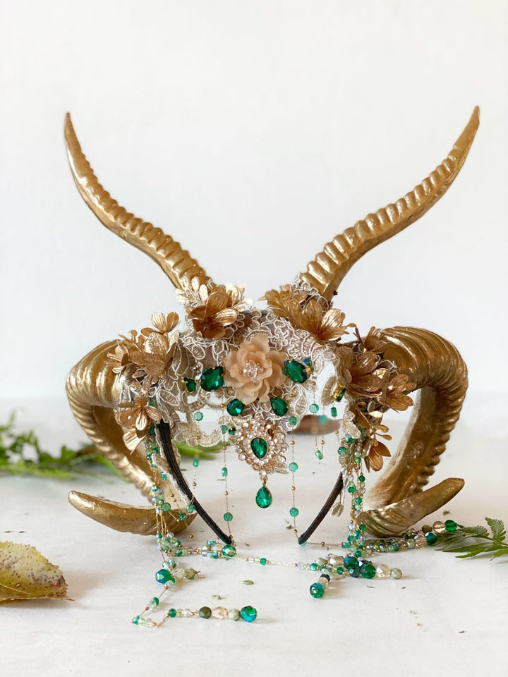 Glam woodland gold - green horns crown: magical accesory for fantasy ball – handmade floral hair accessory by magaela