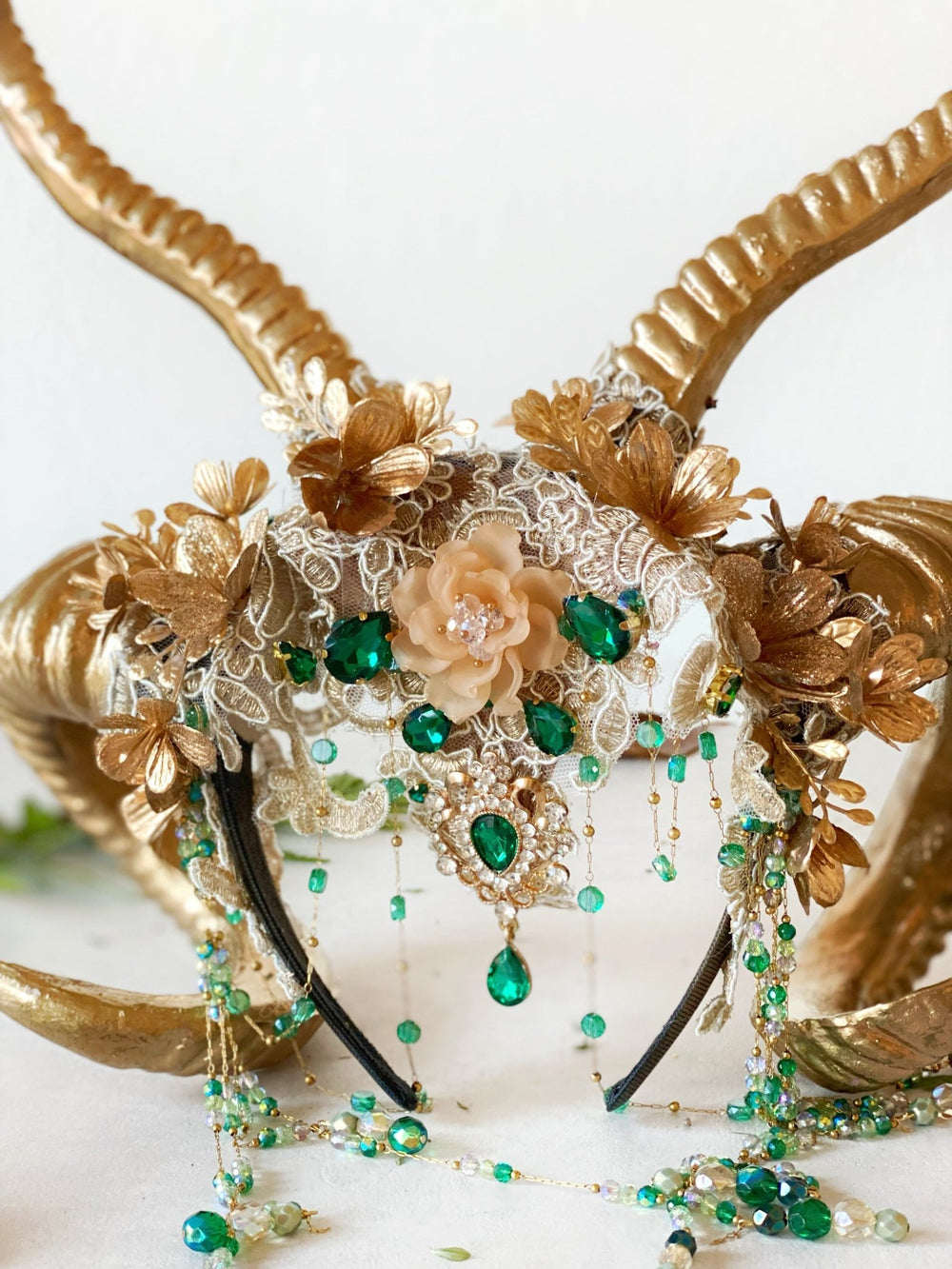 Glam woodland gold - green horns crown: magical accesory for fantasy ball – handmade floral hair accessory by magaela