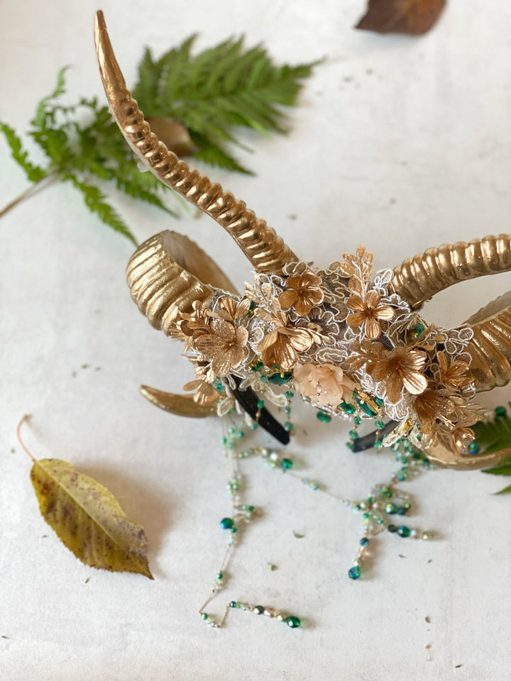 Glam woodland gold - green horns crown: magical accesory for fantasy ball – handmade floral hair accessory by magaela