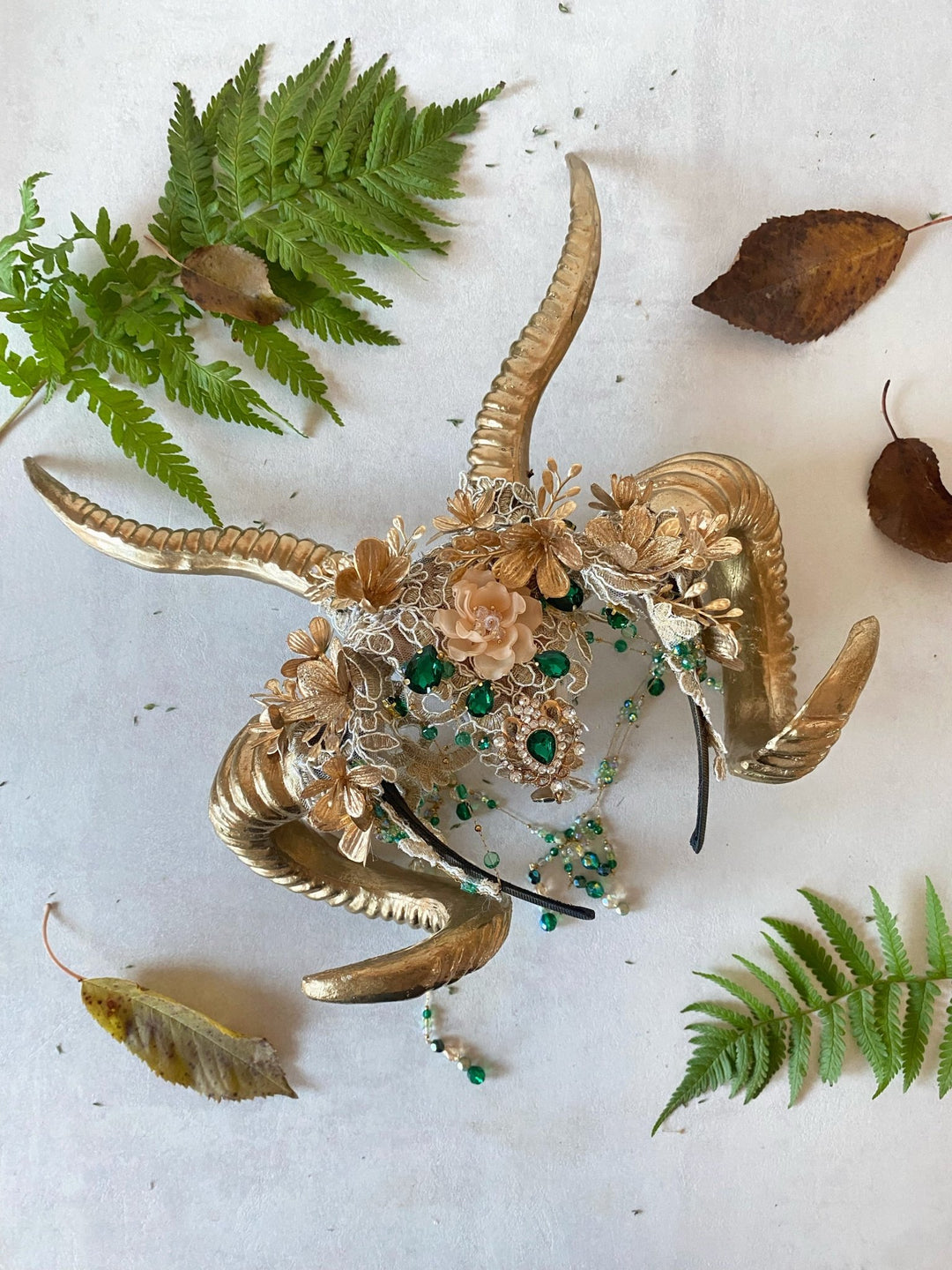 Glam woodland gold - green horns crown: magical accesory for fantasy ball – handmade floral hair accessory by magaela