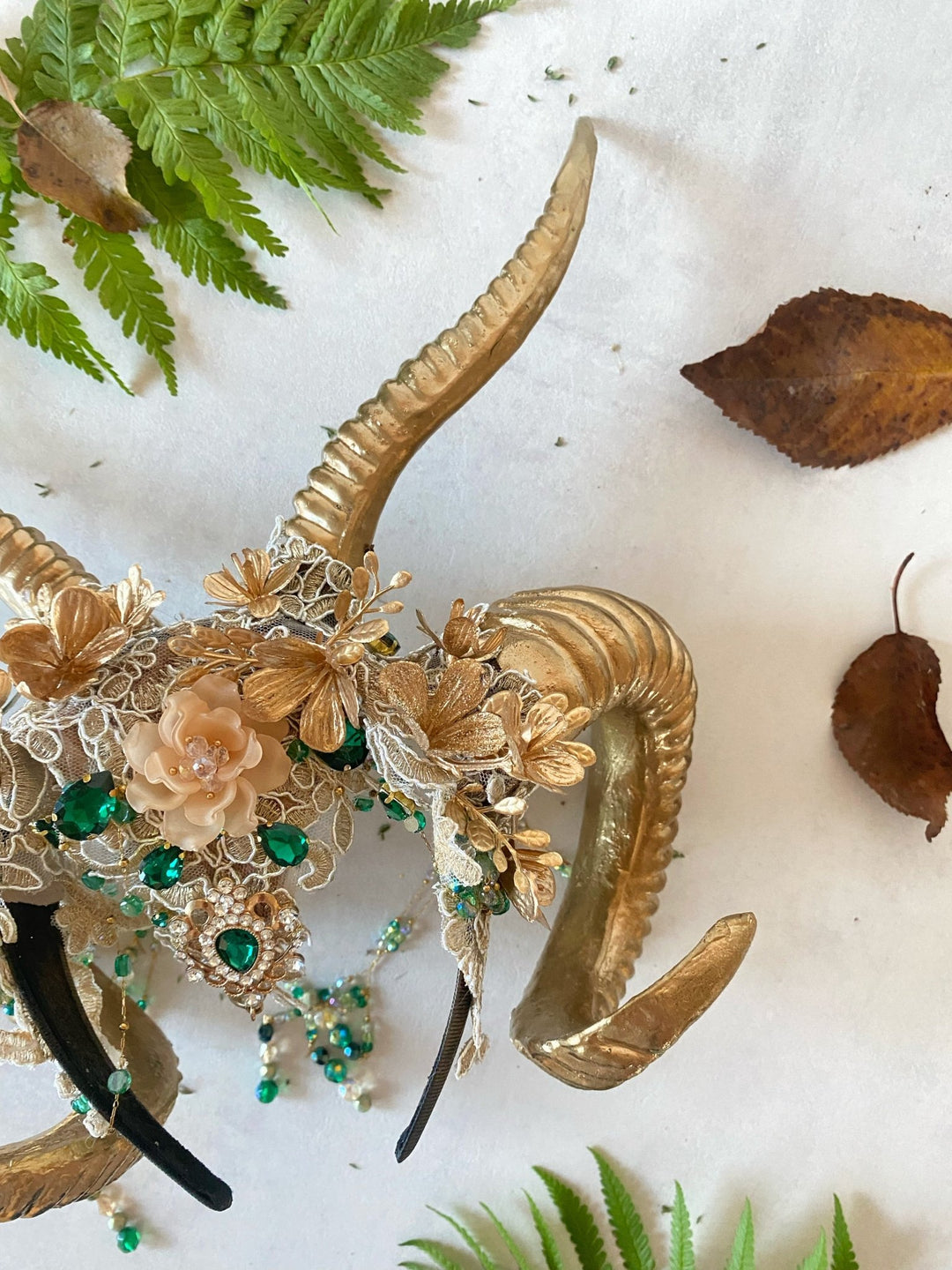 Glam woodland gold - green horns crown: magical accesory for fantasy ball – handmade floral hair accessory by magaela