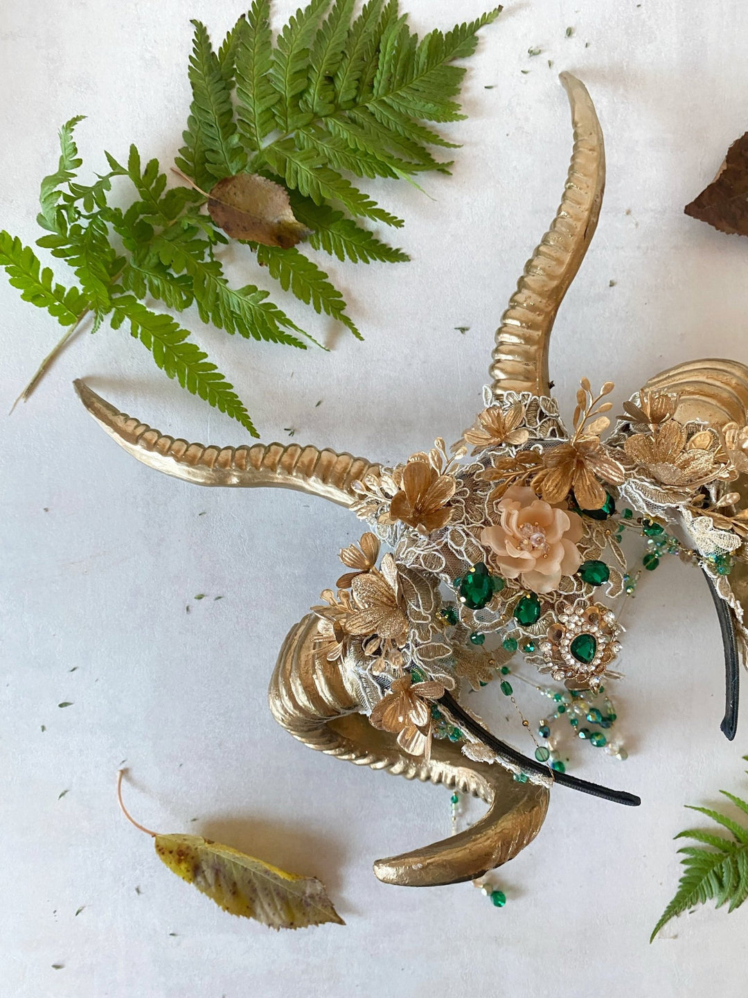 Glam woodland gold - green horns crown: magical accesory for fantasy ball – handmade floral hair accessory by magaela