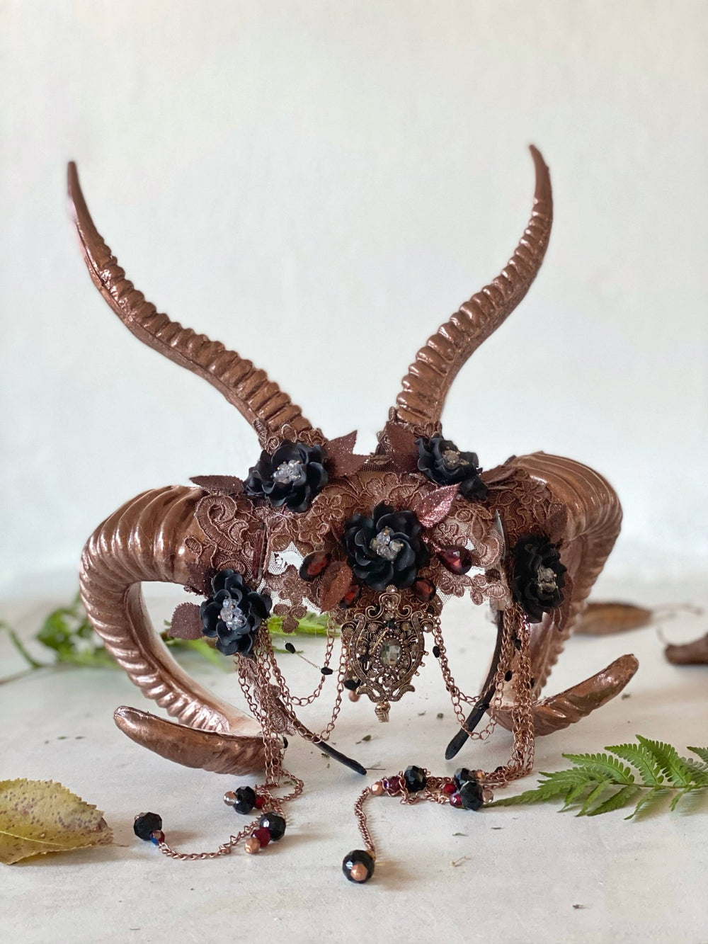 Glam woodland bronze - black horns crown: magical accesory for fantasy ball – handmade floral hair accessory by magaela