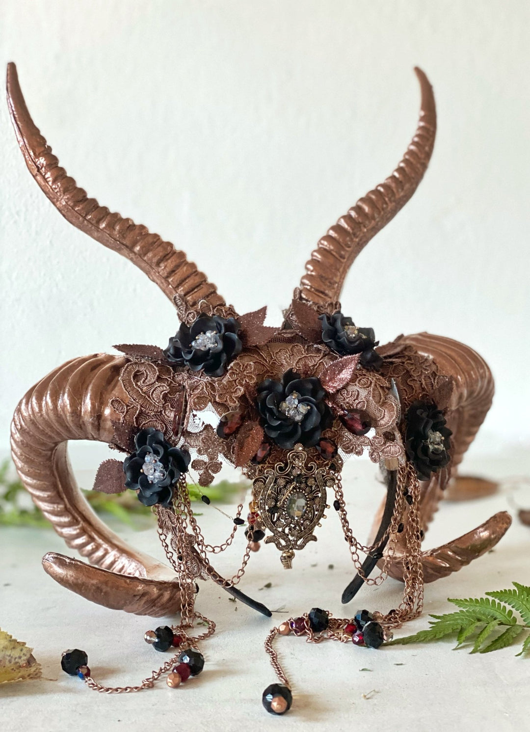 Glam woodland bronze - black horns crown: magical accesory for fantasy ball – handmade floral hair accessory by magaela