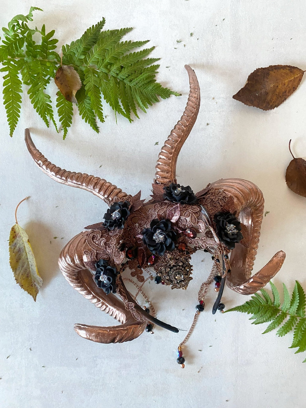 Glam woodland bronze - black horns crown: magical accesory for fantasy ball – handmade floral hair accessory by magaela