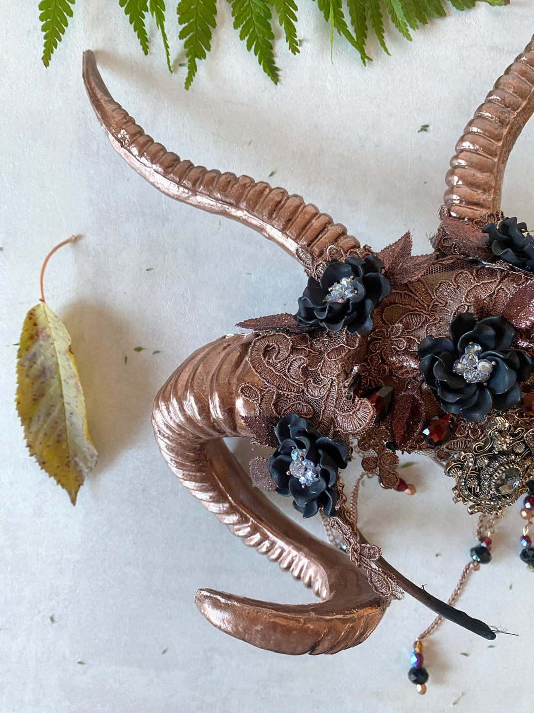 Glam woodland bronze - black horns crown: magical accesory for fantasy ball – handmade floral hair accessory by magaela