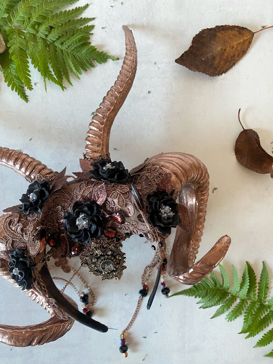 Glam woodland bronze - black horns crown: magical accesory for fantasy ball – handmade floral hair accessory by magaela