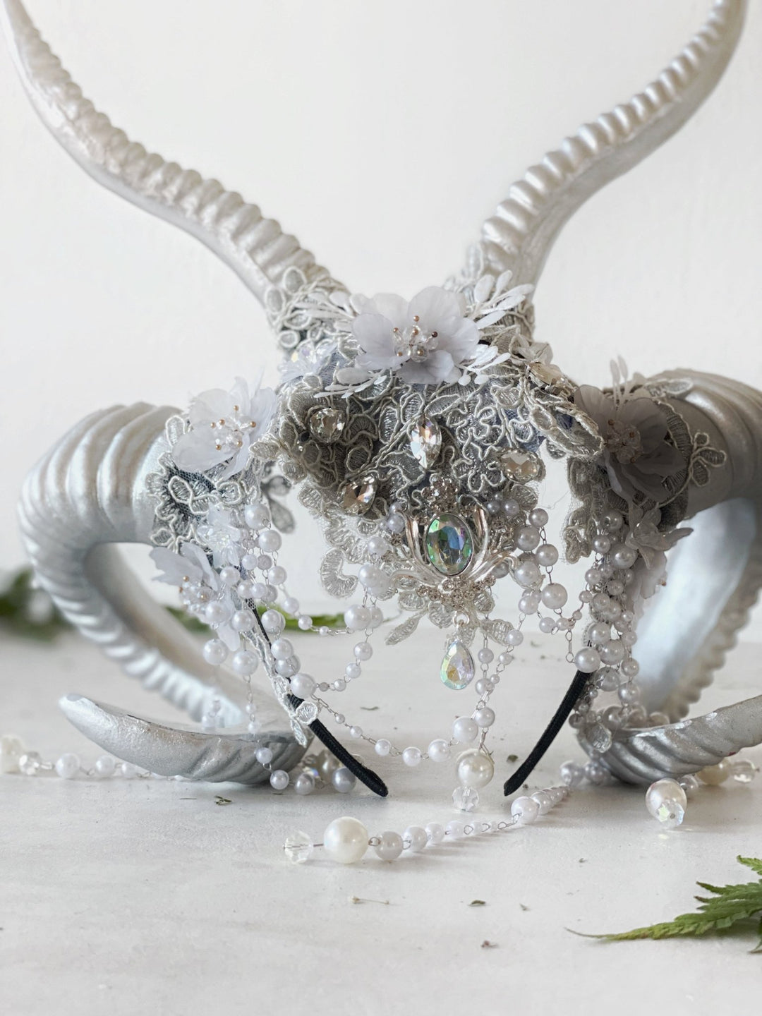 Glam silver horns crown: magical accesory for fantasy ball – handmade floral hair accessory by magaela