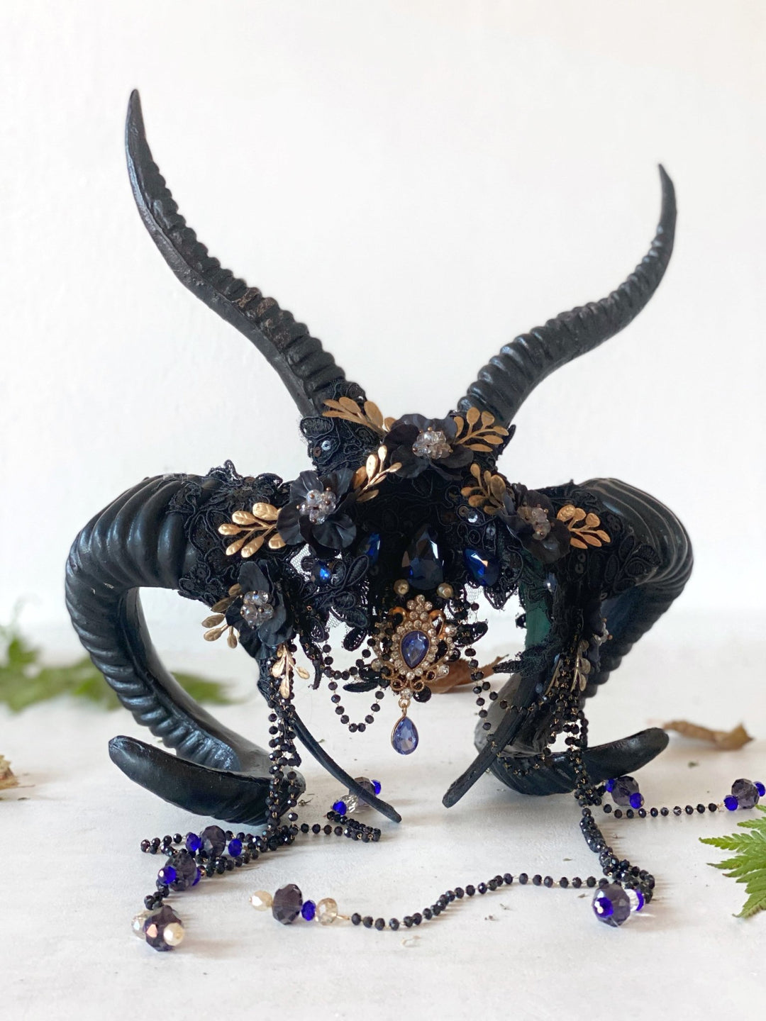 Glam black horns crown with blue and gold accent: magical accesory for fantasy ball – handmade floral hair accessory by magaela