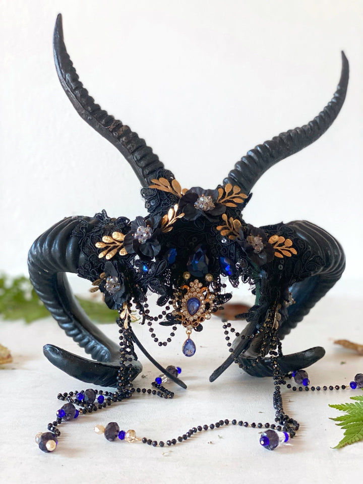 Glam black horns crown with blue and gold accent: magical accesory for fantasy ball – handmade floral hair accessory by magaela