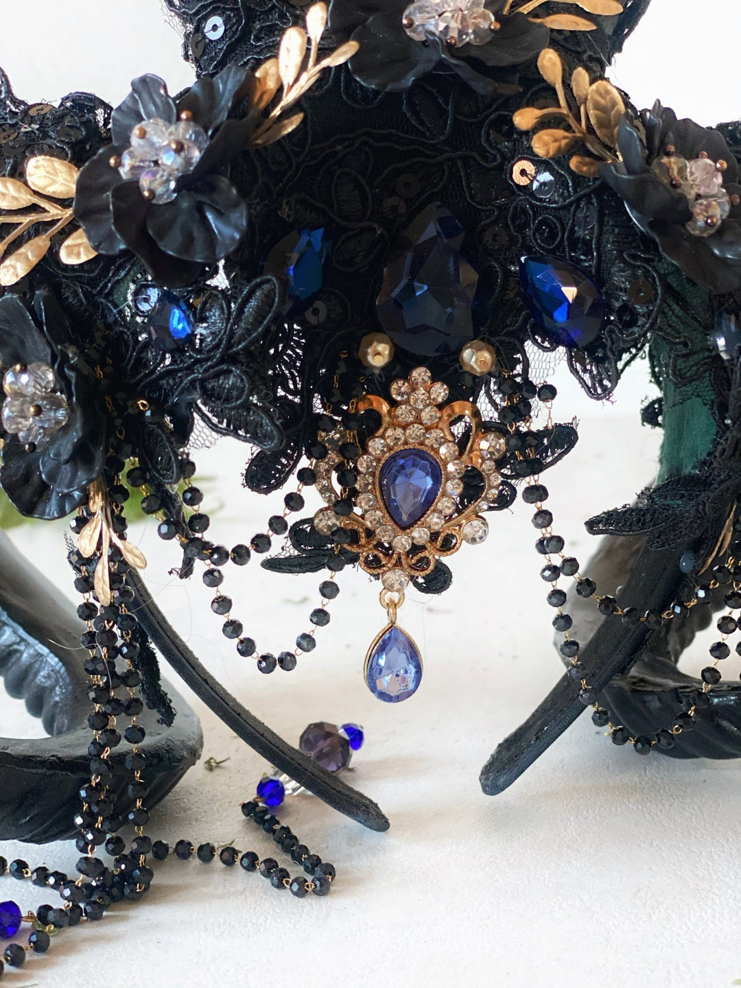 Glam black horns crown with blue and gold accent: magical accesory for fantasy ball – handmade floral hair accessory by magaela