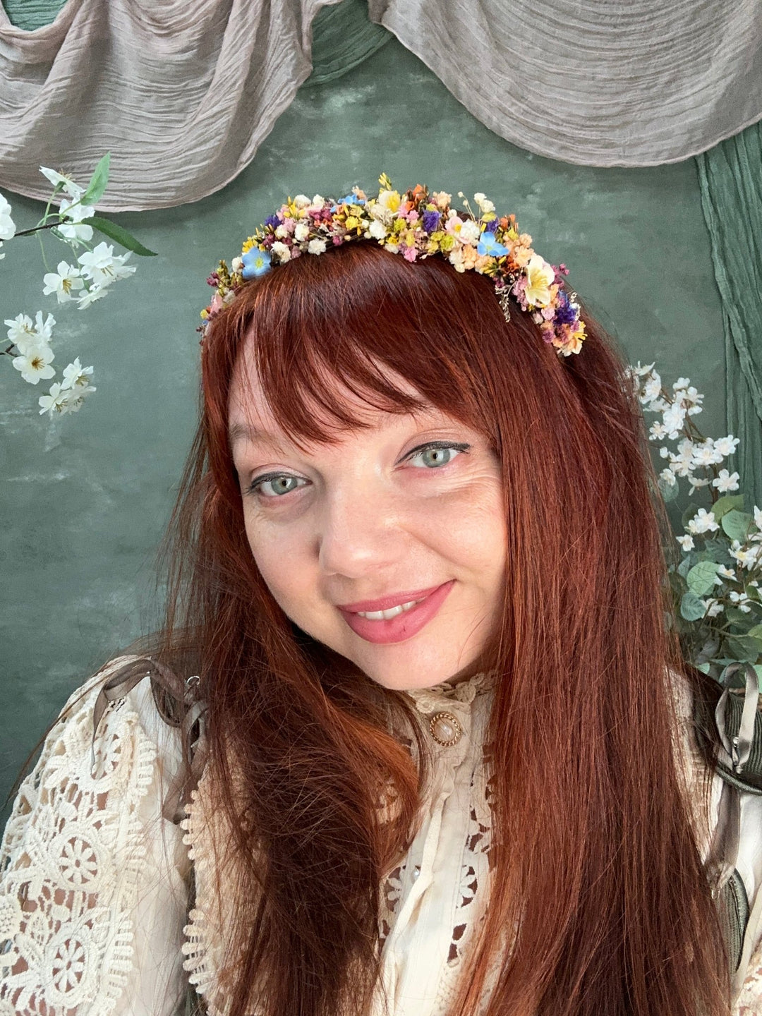 Wildflower Headband with Forget-Me-Nots and Colourful Preserved Gypsophila – handmade floral hair accessory by magaela