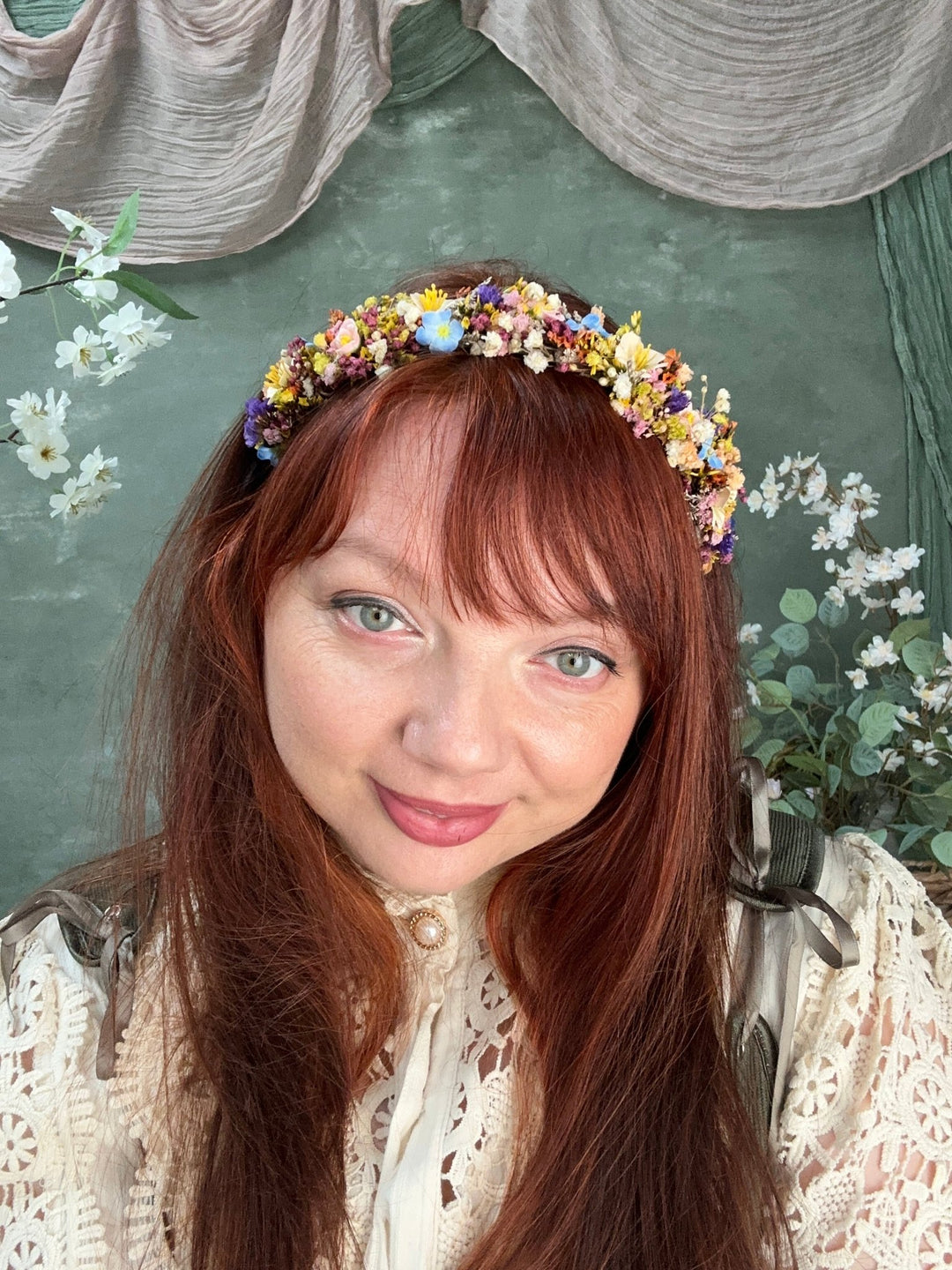 Wildflower Headband with Forget-Me-Nots and Colourful Preserved Gypsophila – handmade floral hair accessory by magaela