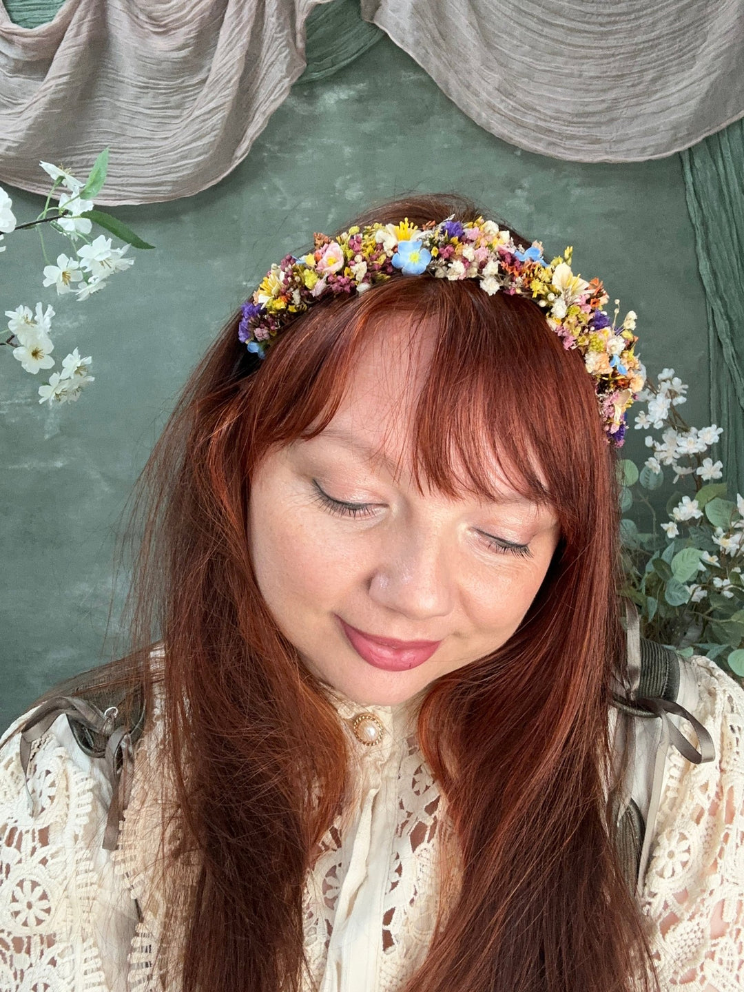Wildflower Headband with Forget-Me-Nots and Colourful Preserved Gypsophila – handmade floral hair accessory by magaela