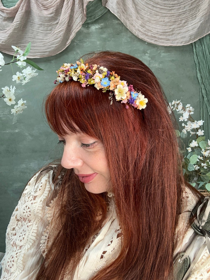 Wildflower Headband with Forget-Me-Nots and Colourful Preserved Gypsophila – handmade floral hair accessory by magaela