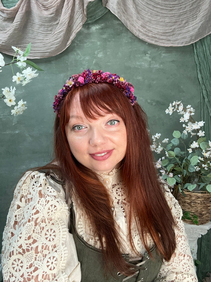 Floral Headband with Roses and Wildflowers | Fuchsia, Purple and Burgundy | Kids and Adults