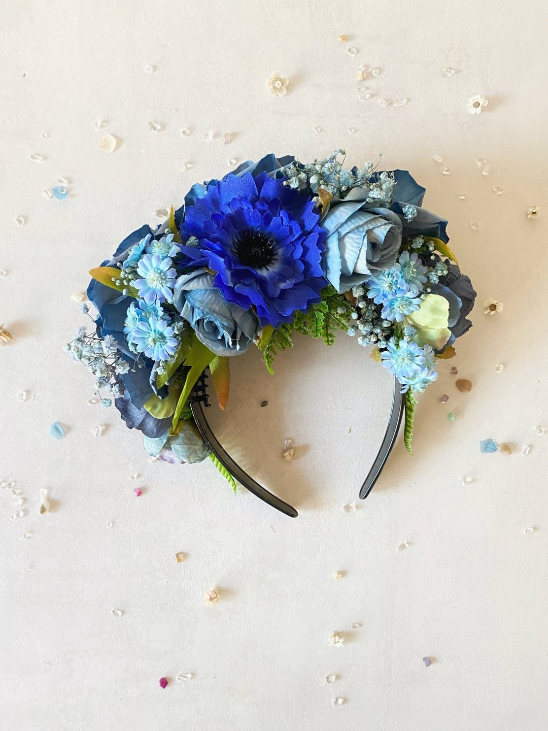 Blue flower headband: Double Sided Frida crown – handmade floral hair accessory by magaela