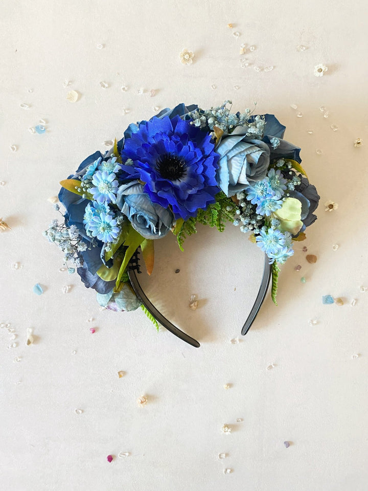Blue flower headband: Double Sided Frida crown – handmade floral hair accessory by magaela