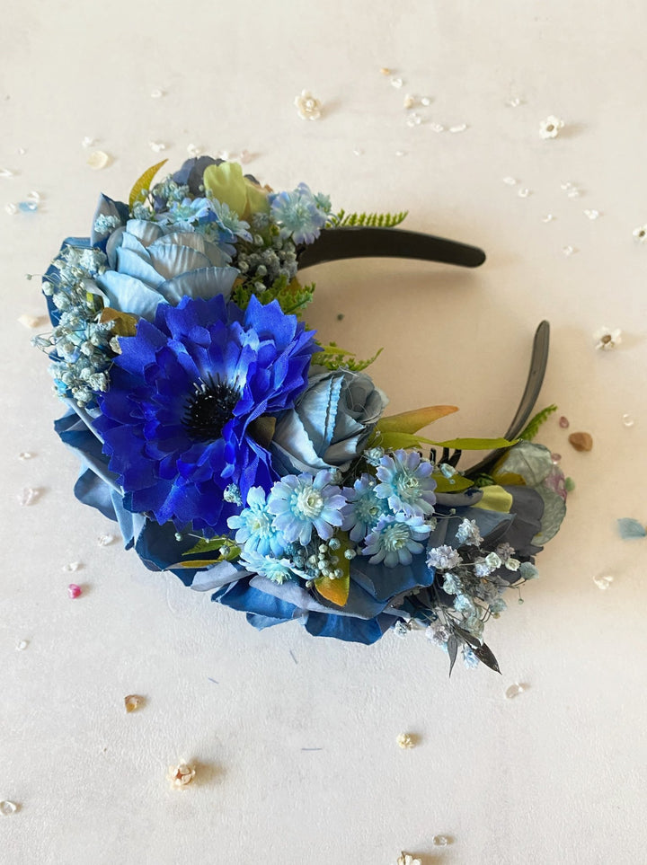 Blue flower headband: Double Sided Frida crown – handmade floral hair accessory by magaela