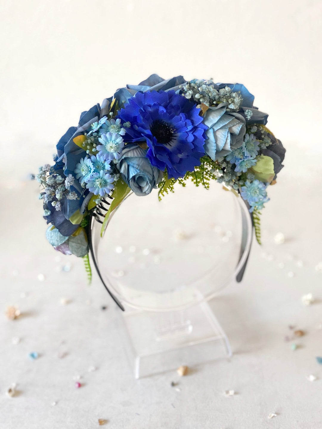 Blue flower headband: Double Sided Frida crown – handmade floral hair accessory by magaela