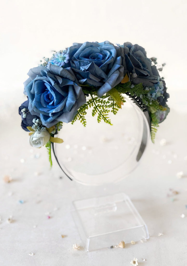Blue flower headband: Double Sided Frida crown – handmade floral hair accessory by magaela