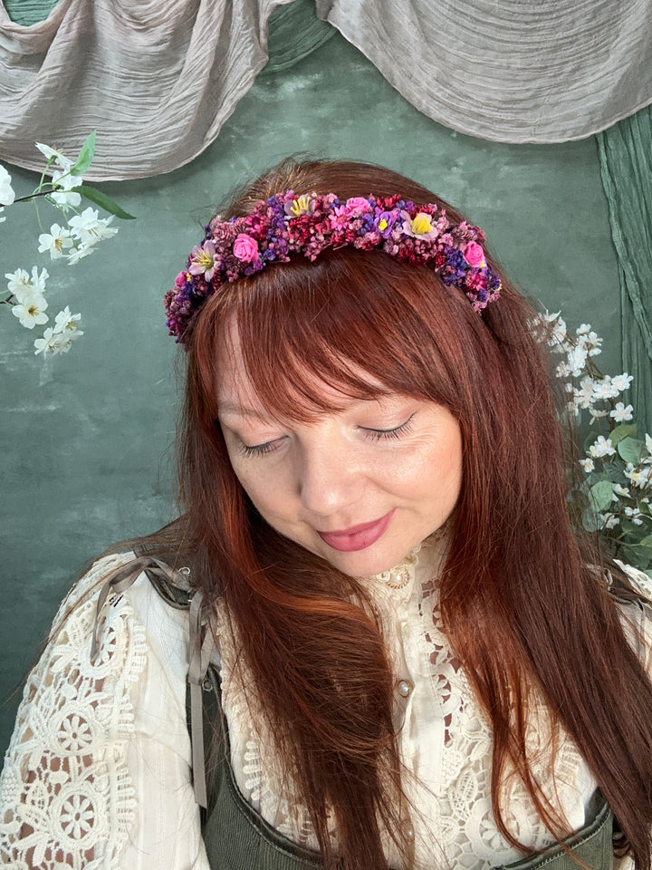 Floral Headband with Roses and Wildflowers | Fuchsia, Purple and Burgundy | Kids and Adults
