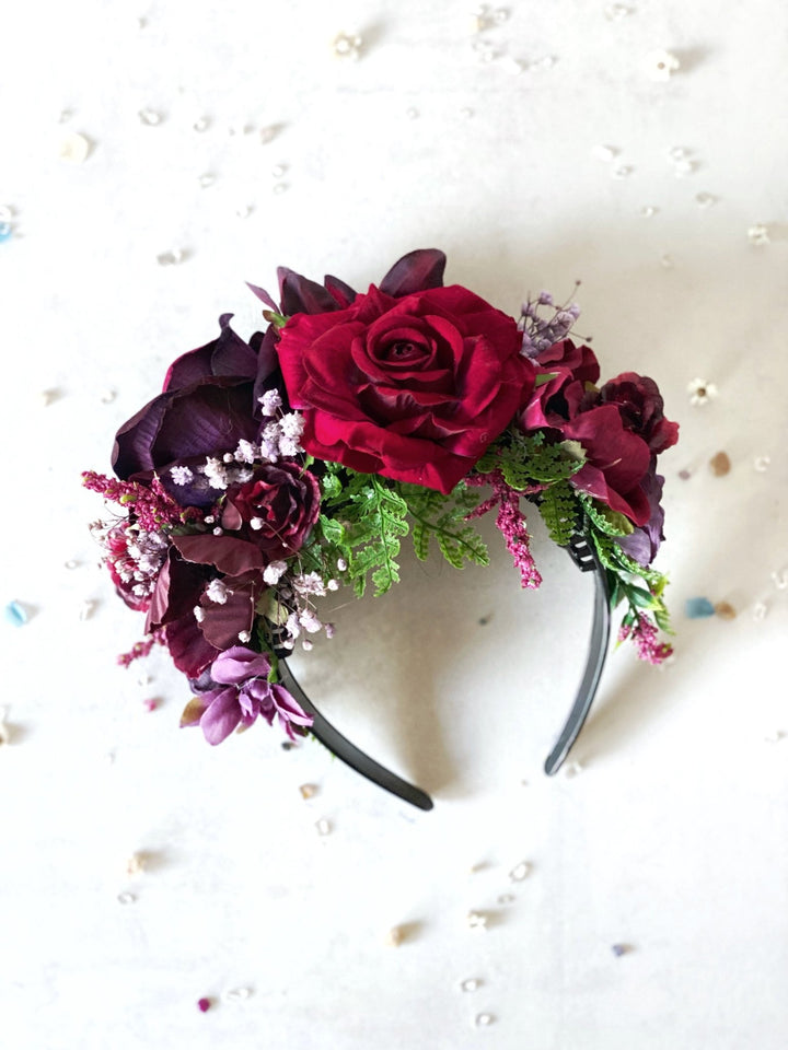 Dark red and purple big floral headband: Double Sided Frida crown – handmade floral hair accessory by magaela
