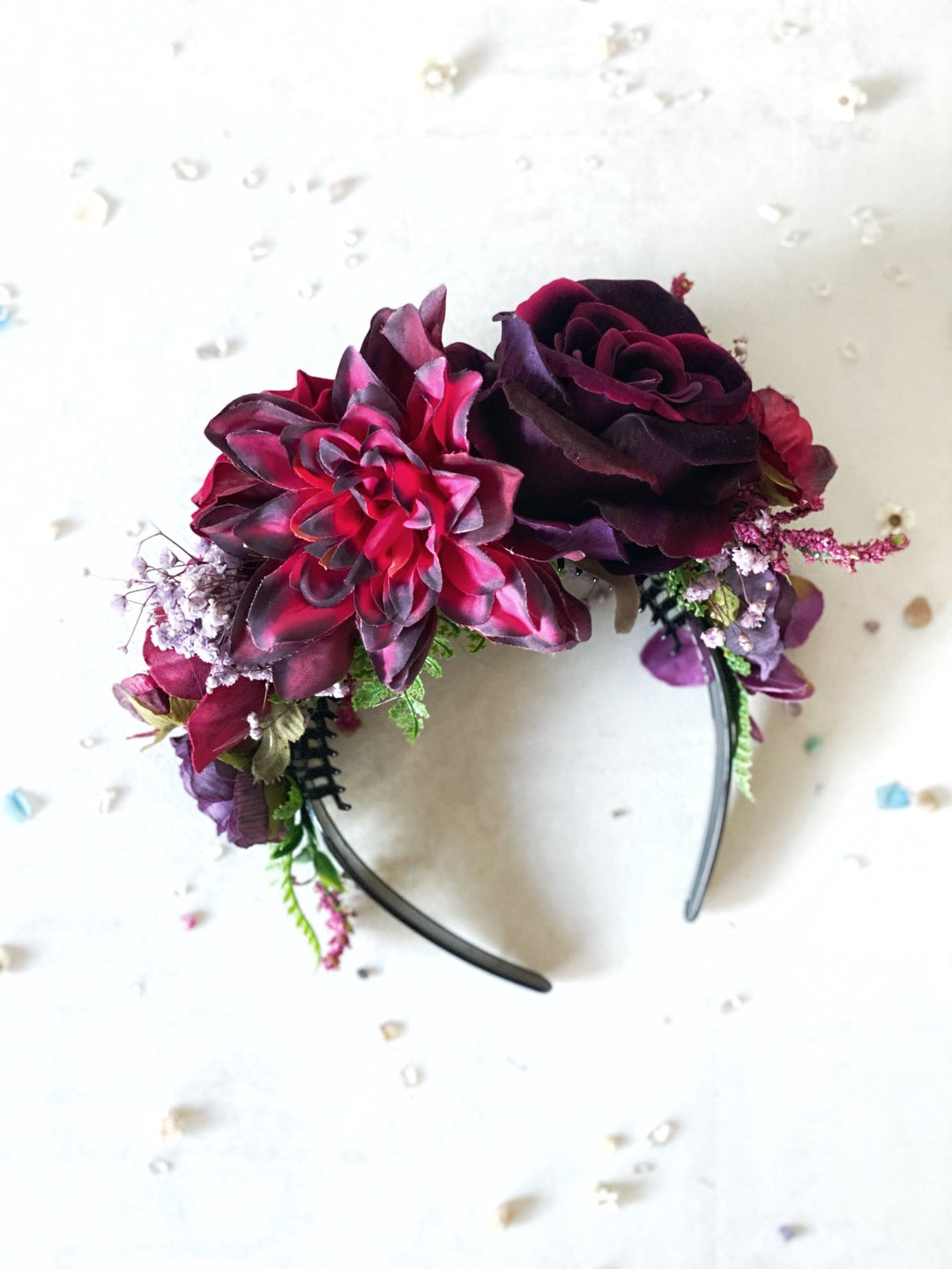 Dark red and purple big floral headband: Double Sided Frida crown – handmade floral hair accessory by magaela