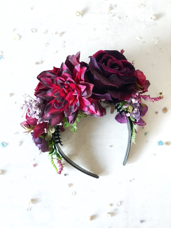 Dark red and purple big floral headband: Double Sided Frida crown – handmade floral hair accessory by magaela