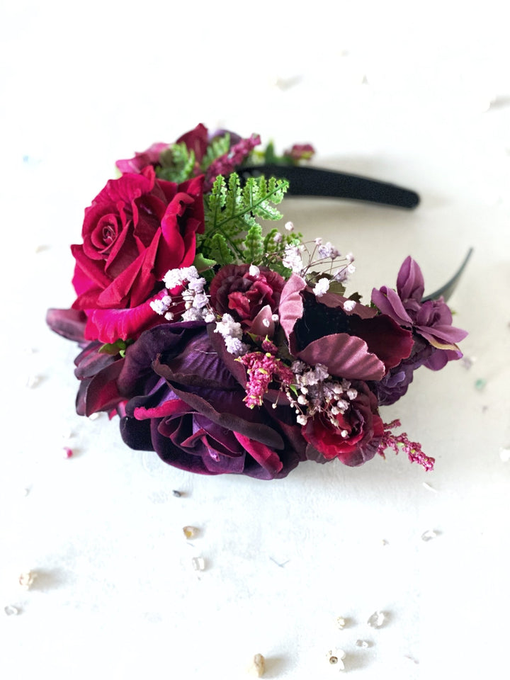 Dark red and purple big floral headband: Double Sided Frida crown – handmade floral hair accessory by magaela