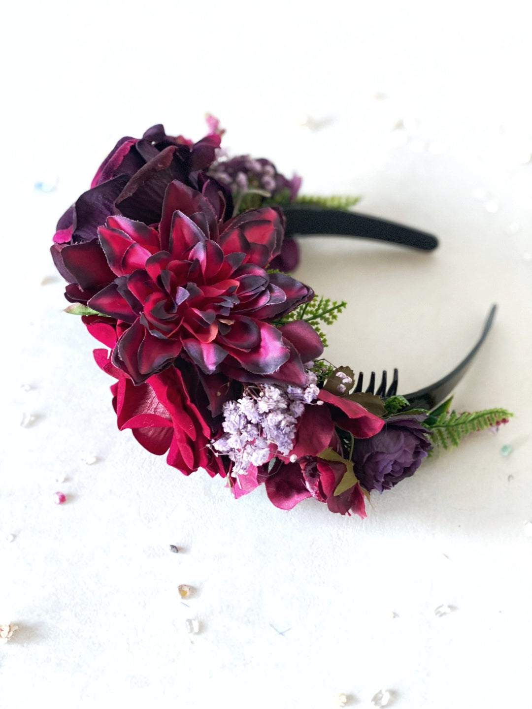 Dark red and purple big floral headband: Double Sided Frida crown – handmade floral hair accessory by magaela