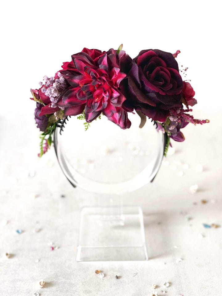 Dark red and purple big floral headband: Double Sided Frida crown – handmade floral hair accessory by magaela