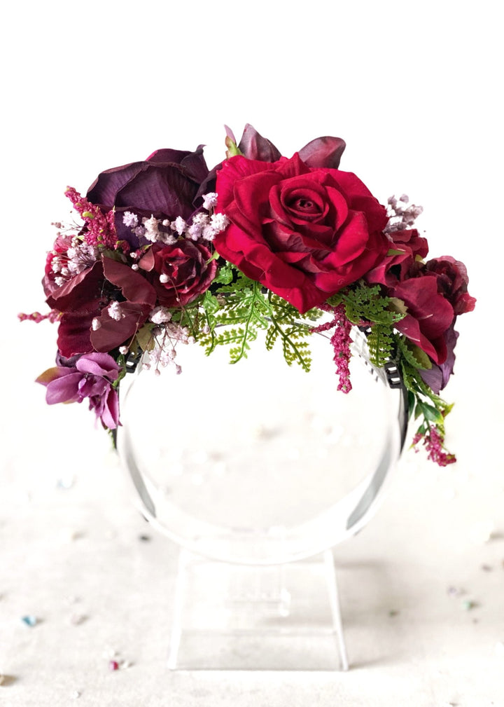 Dark red and purple big floral headband: Double Sided Frida crown – handmade floral hair accessory by magaela