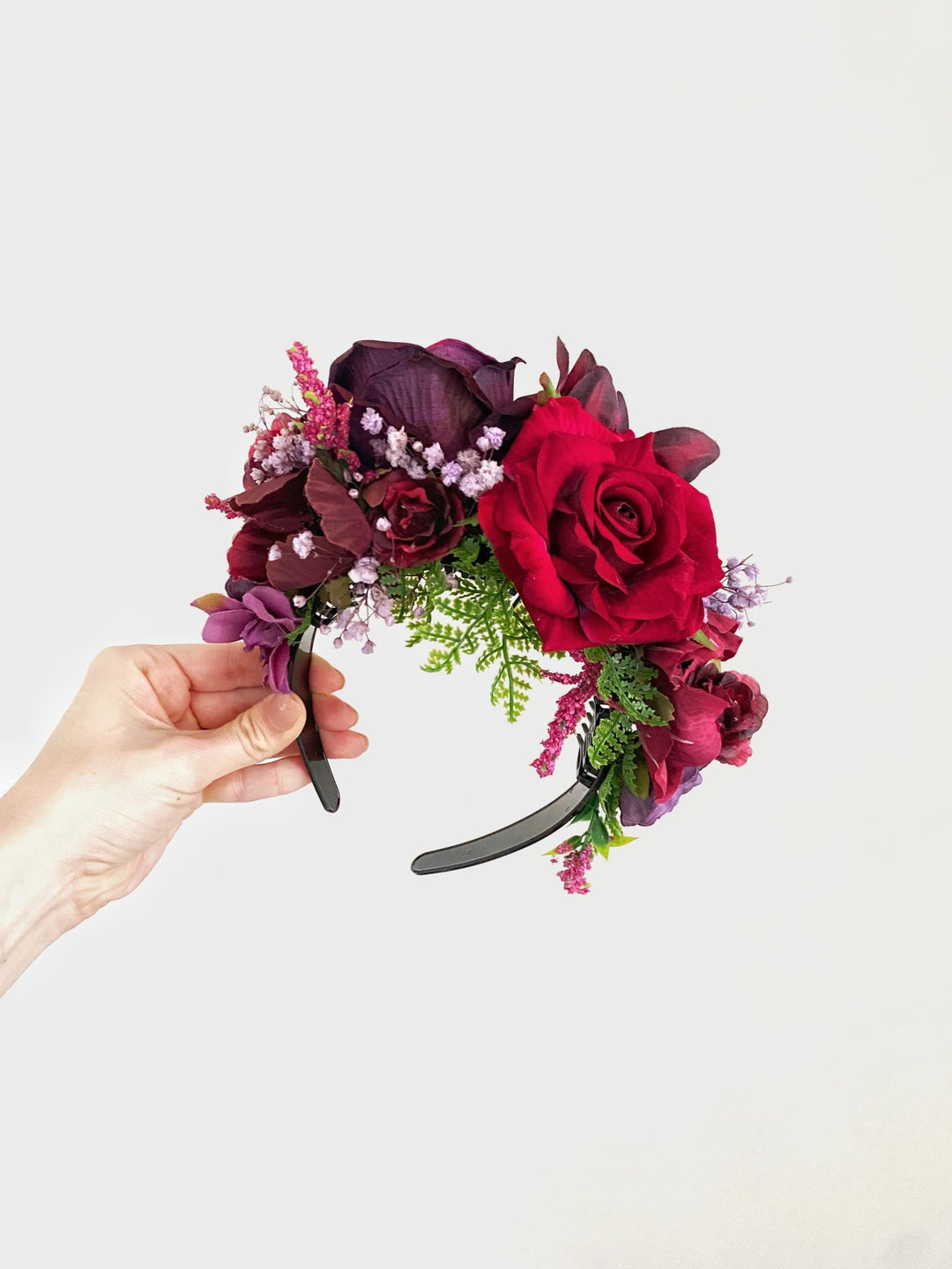 Dark red and purple big floral headband: Double Sided Frida crown – handmade floral hair accessory by magaela