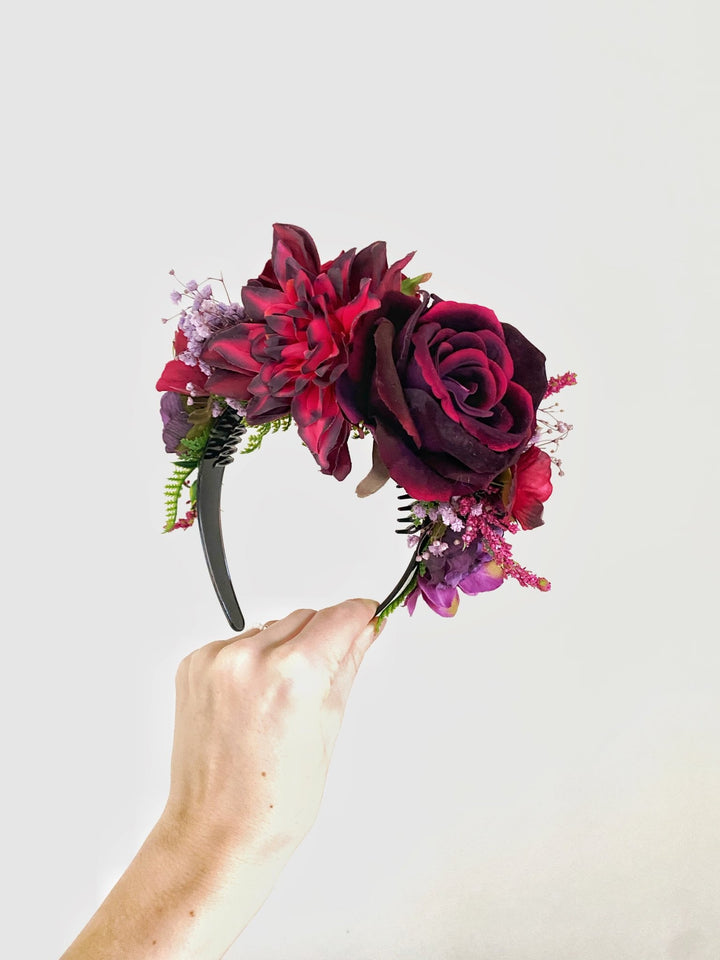 Dark red and purple big floral headband: Double Sided Frida crown – handmade floral hair accessory by magaela
