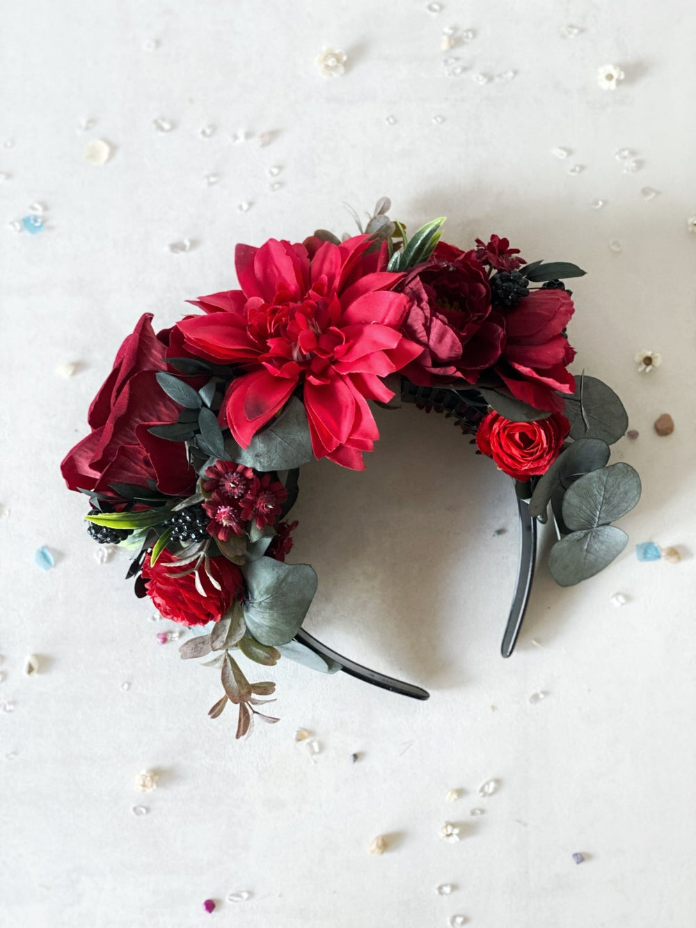 Red floral headband with blackberries and eucalyptus: Double Sided Frida crown – handmade floral hair accessory by magaela