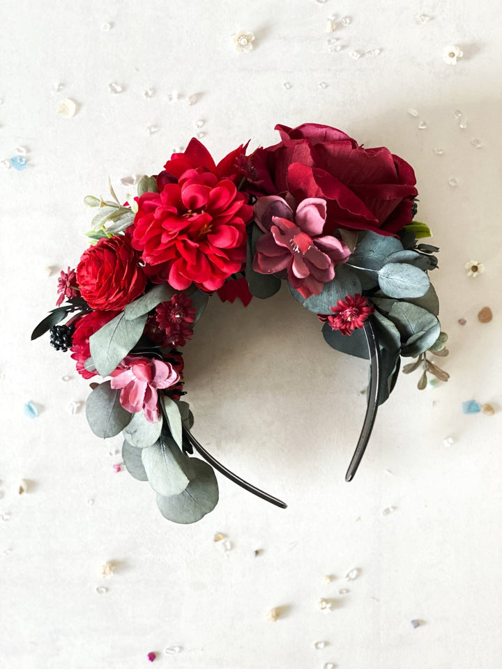 Red floral headband with blackberries and eucalyptus: Double Sided Frida crown – handmade floral hair accessory by magaela