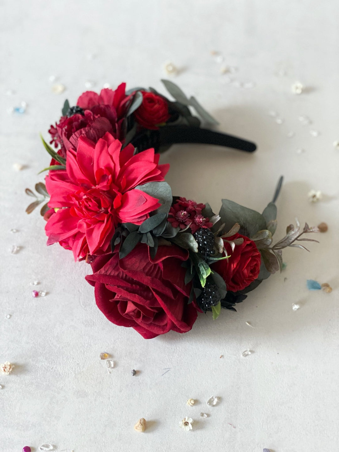 Red floral headband with blackberries and eucalyptus: Double Sided Frida crown – handmade floral hair accessory by magaela