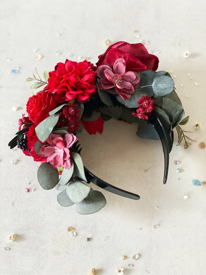 Red floral headband with blackberries and eucalyptus: Double Sided Frida crown – handmade floral hair accessory by magaela